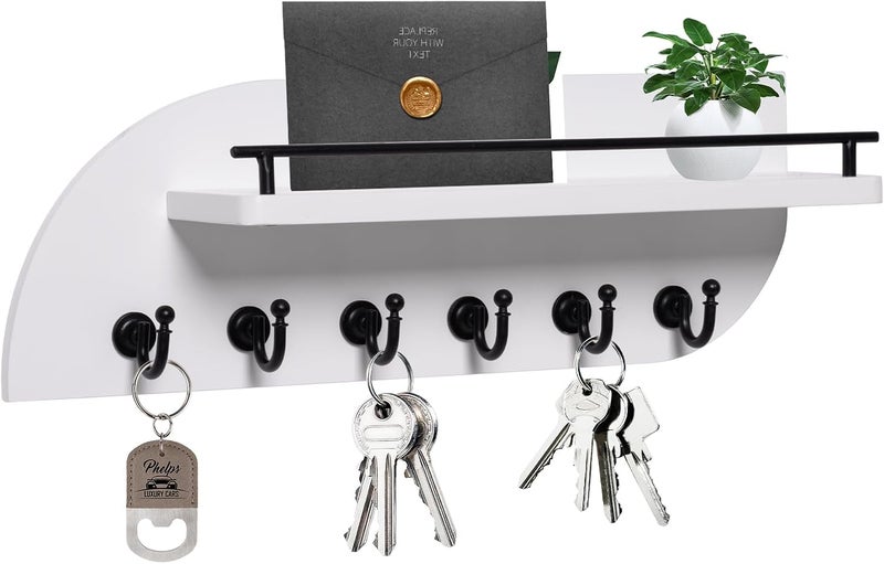 Karisky Key Holder for Wall, Decorative Key and Mail Organizer with 6 Sturdy Metal Hooks and Floating Shelf, 14 Inches Wood Wall Mounted Key Rack for Entryway, White and Black - Image 1